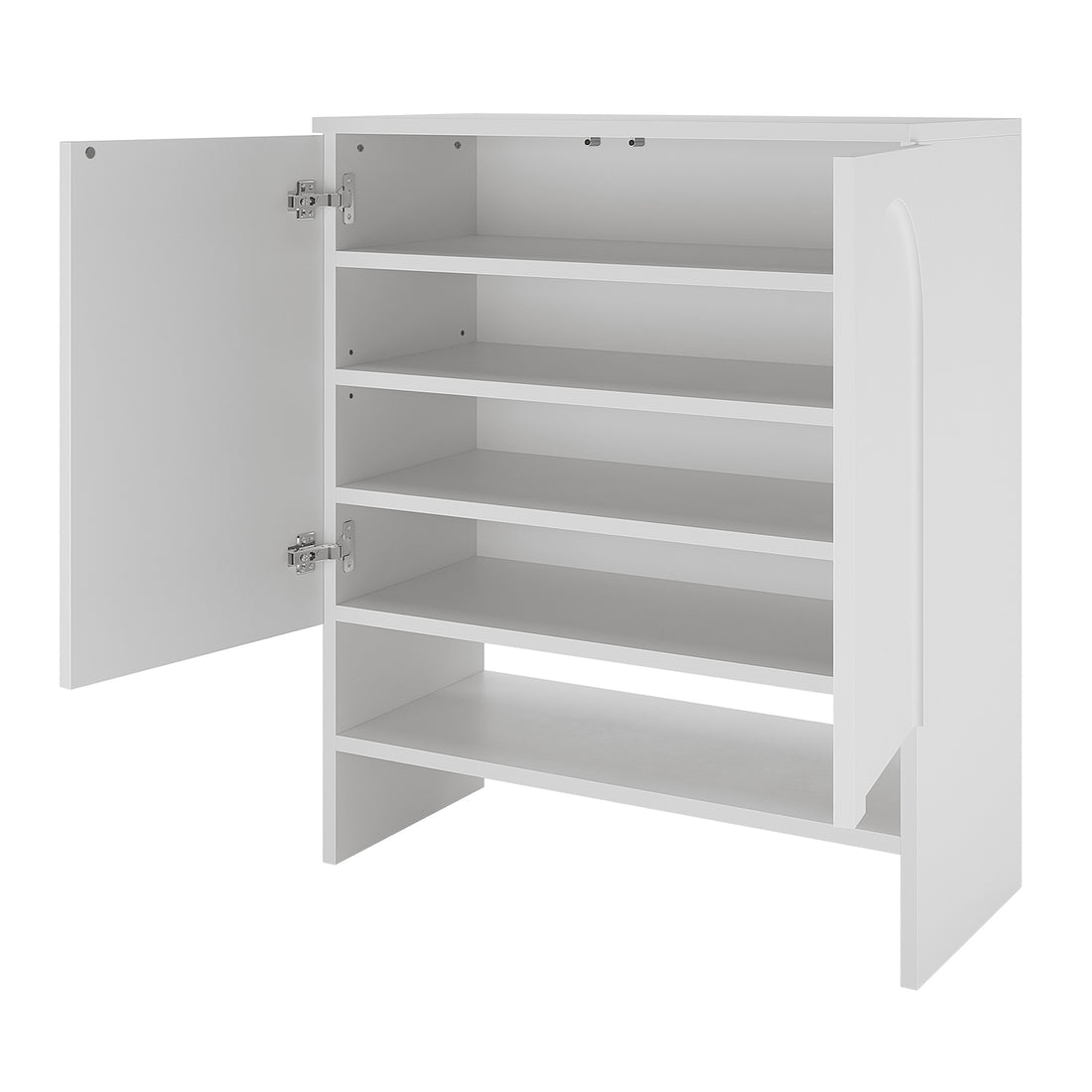 Hava 80cm Arched Shoe Cabinet White features open doors revealing adjustable shelves, a sleek arched design, and a bottom open shelf for additional storage, ideal for stylishly organizing hallways.