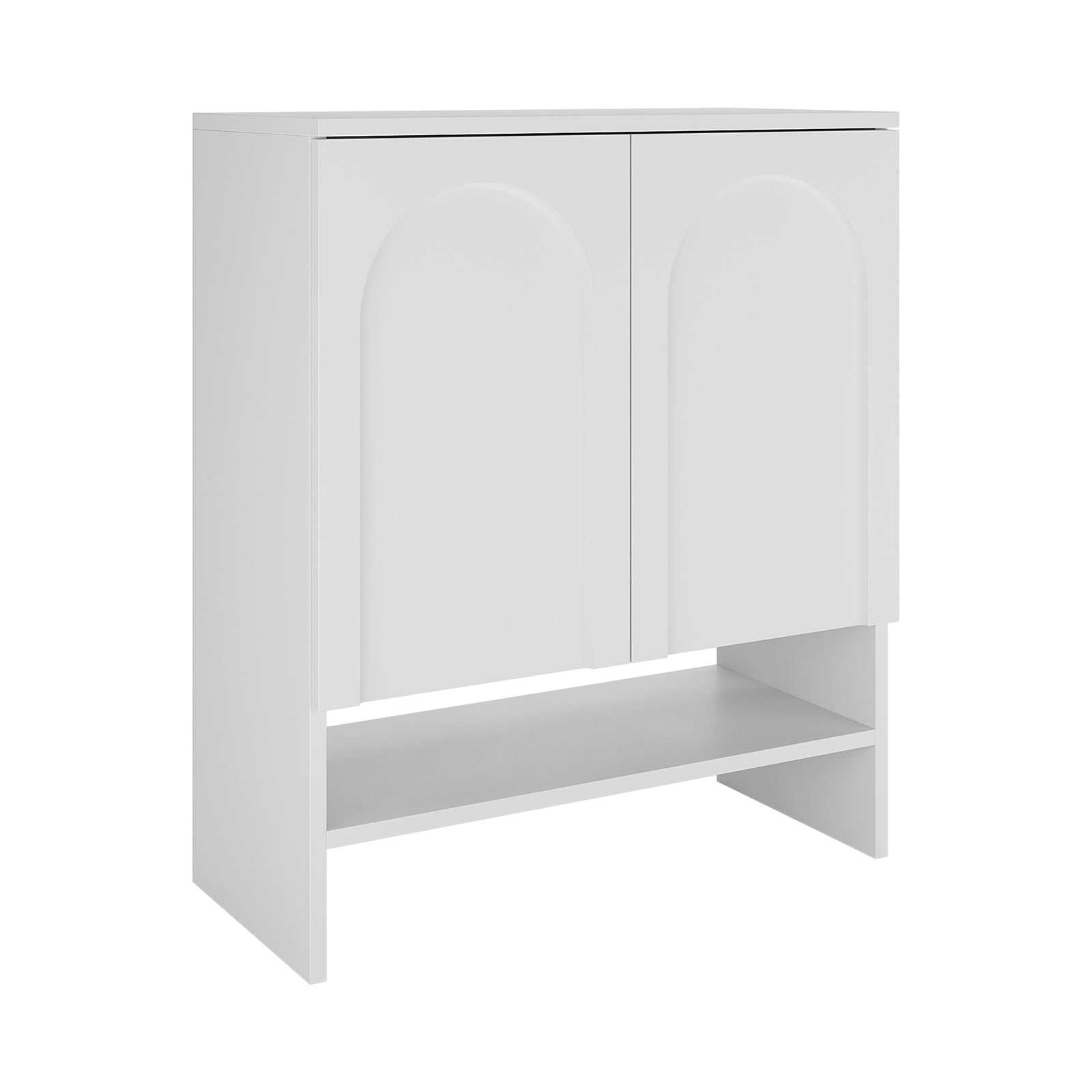 Hava 80cm Arched Shoe Cabinet White featuring two doors with an elegant arch design and a white shelf below, offering stylish storage for shoes and accessories in modern homes.