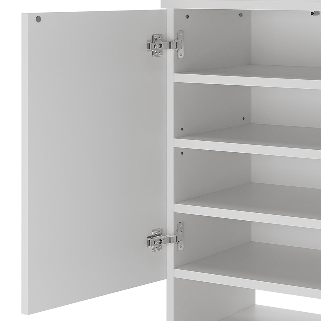 Hava 80cm Arched Shoe Cabinet White features a close-up view of its white shelf and hinge, highlighting its sleek, modern design and ample storage for stylish hallway organization.