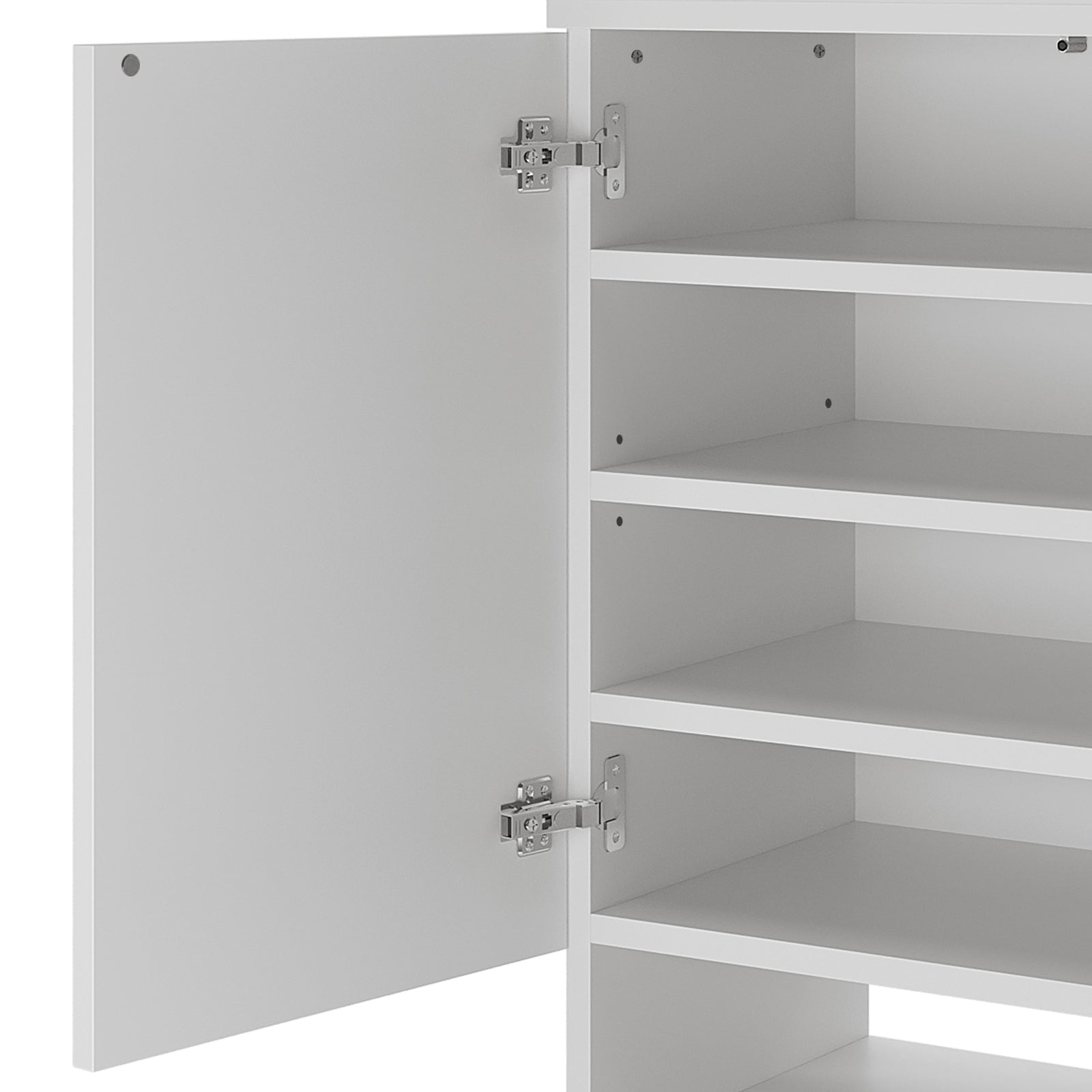 Hava 80cm Arched Shoe Cabinet White features a close-up view of its white shelf and hinge, highlighting its sleek, modern design and ample storage for stylish hallway organization.