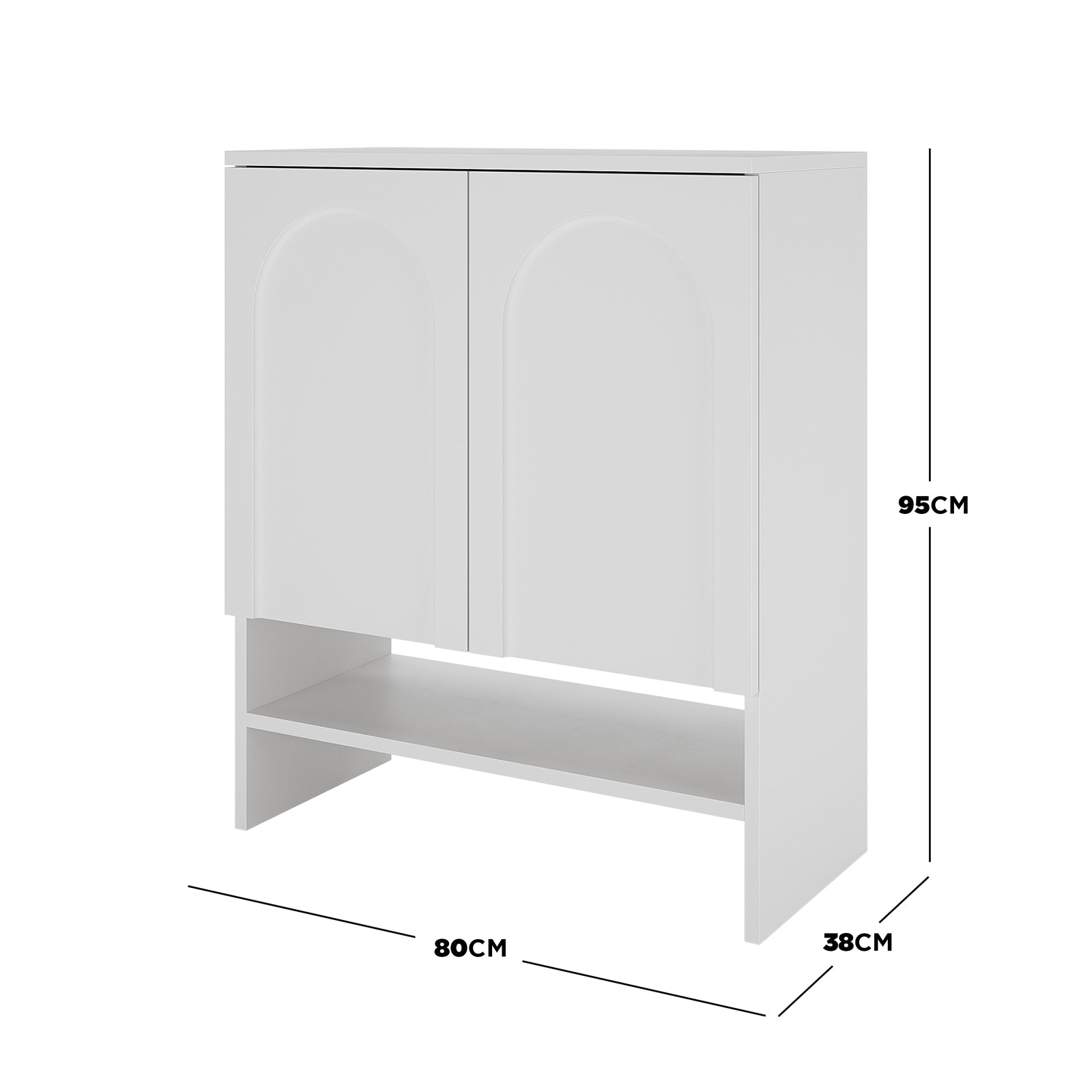 Hava 80cm Arched Shoe Cabinet White with two doors and an open lower shelf, featuring an arched design and adjustable middle shelf for ample shoe storage.