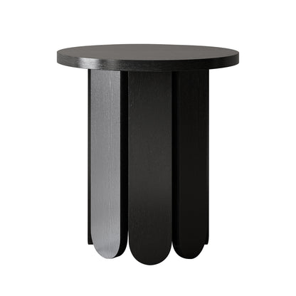 Hugo 45cm Round Side Table with Curve Detail in Black features a sculptural base of vertically arranged, rounded-end wooden slats, topped with a sleek, round matte black surface.