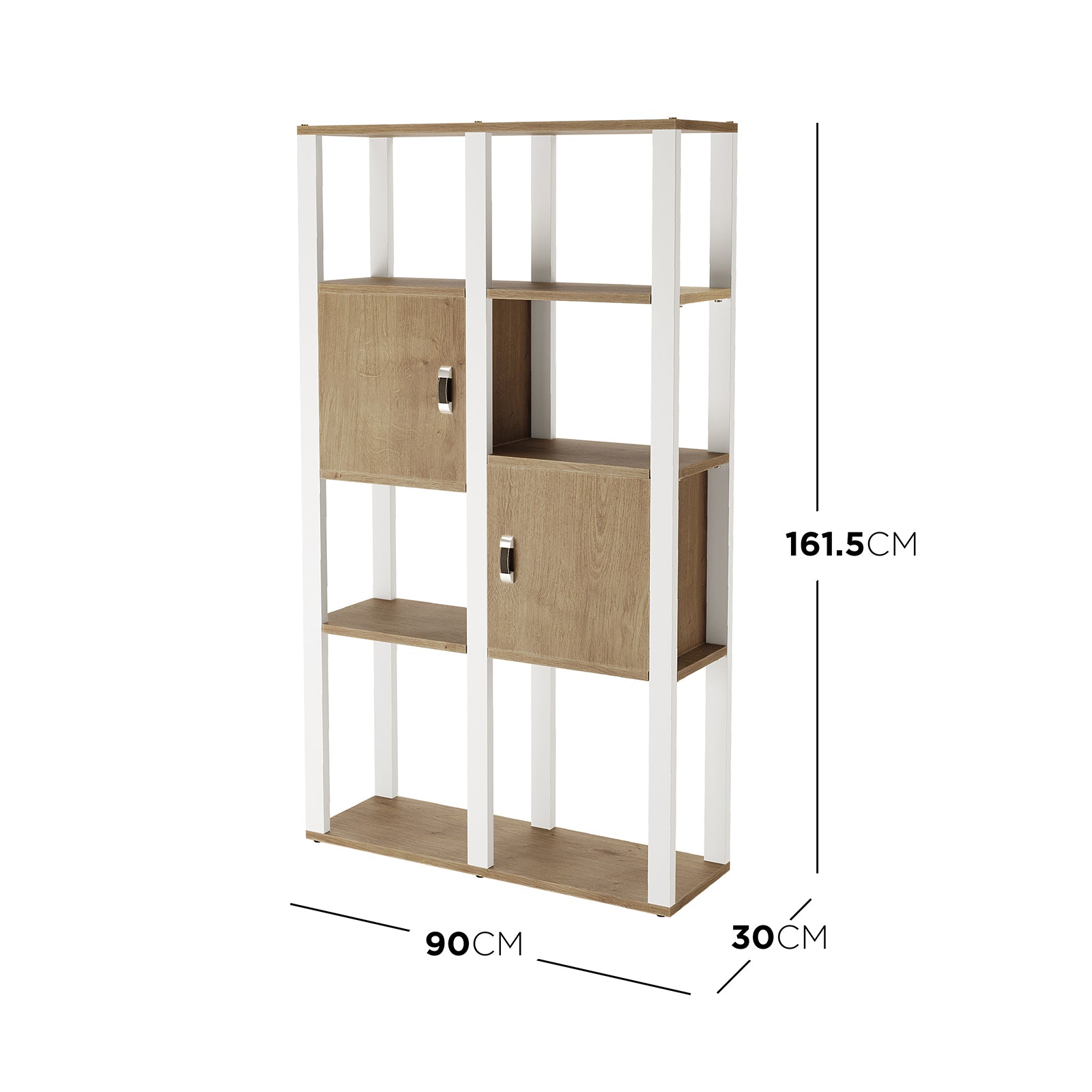 Jacob 160cm 4-Tier Storage Display Cabinet w/ Door - Natural White, featuring light oak-colored shelves, two storage cubbies with doors, and white metal uprights, offering five open shelves and two enclosed compartments.