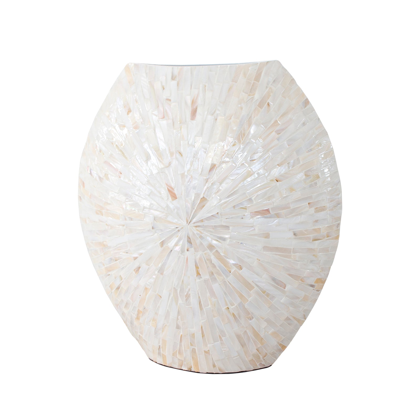 Laila 36cm Mother of Pearl Inlay Vase - Cream Beige features a jug-shaped design adorned with a radial mosaic of iridescent white tiles, creating an elegant and luminous decorative piece.