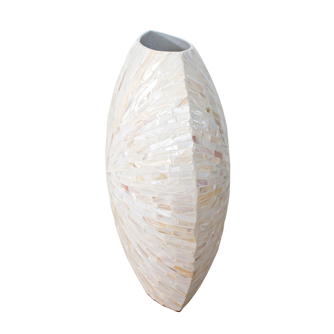 Laila 36cm Mother of Pearl Inlay Vase - Cream Beige features a tall, ovoid shape with a small top opening, adorned in a radiant, geometric mother-of-pearl mosaic pattern, exuding elegance.