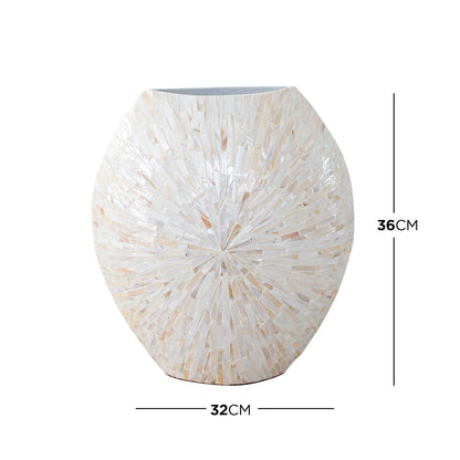 Laila 36cm Mother of Pearl Inlay Vase - Cream Beige, features a spherical design with iridescent shell tiles in a radiating pattern, measuring 36 cm tall and 32 cm wide.