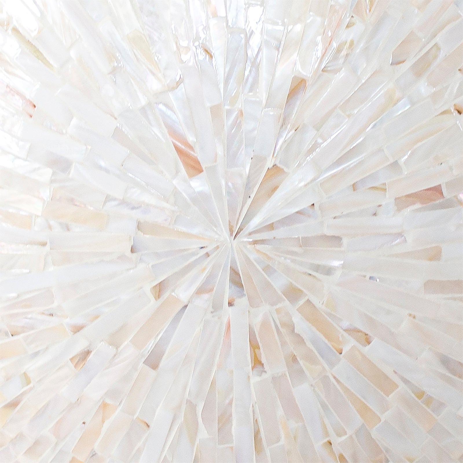 Laila 36cm Mother of Pearl Inlay Vase - Cream Beige, showcasing a close-up of its decorative mosaic surface with pearly white tiles in a radial burst pattern, emphasizing its elegant craftsmanship.