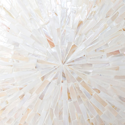 Laila 36cm Mother of Pearl Inlay Vase - Cream Beige, showcasing a close-up of its decorative mosaic surface with pearly white tiles in a radial burst pattern, emphasizing its elegant craftsmanship.