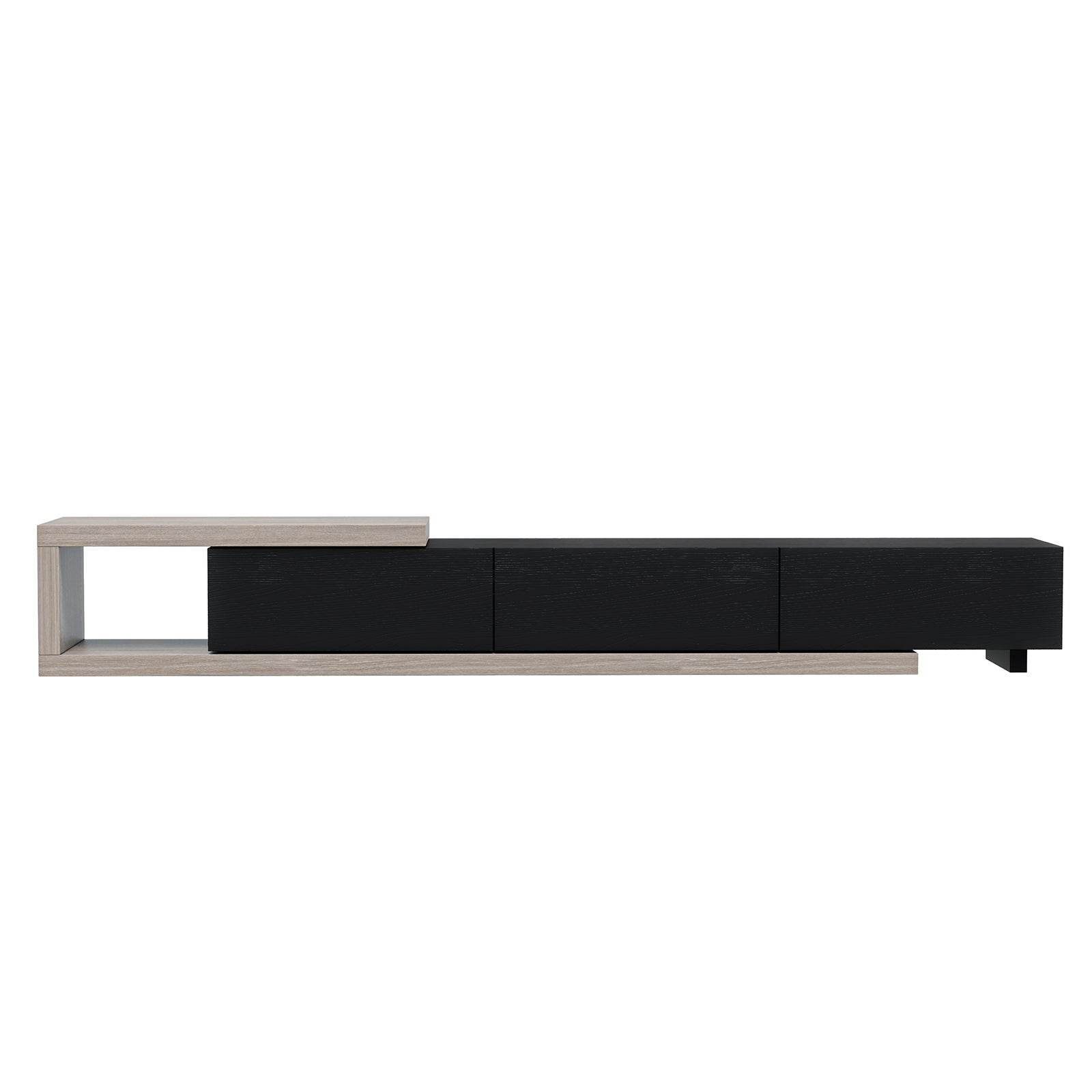 Mable Extendable Entertainment Unit with Drawers - Black, features a sleek, low-profile design with three black drawers, a light wood frame, and an open cubby, ideal for modern living rooms.