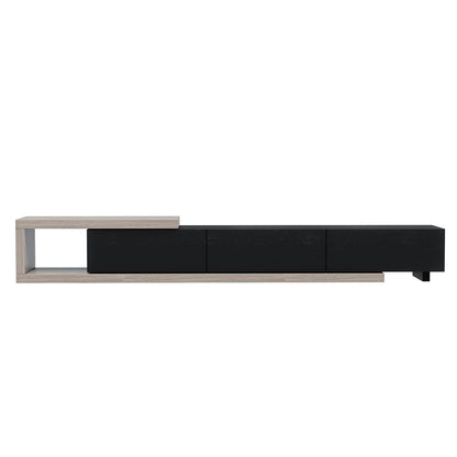 Mable Extendable Entertainment Unit with Drawers - Black, features a sleek, low-profile design with three black drawers, a light wood frame, and an open cubby, ideal for modern living rooms.