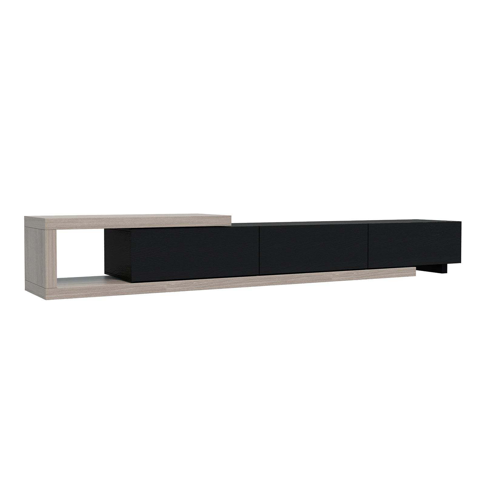 Mable Extendable Entertainment Unit with Drawers - Black features a minimalist design with a light wood-grain frame, three black drawer fronts, and an open shelf, perfect for modern living spaces.
