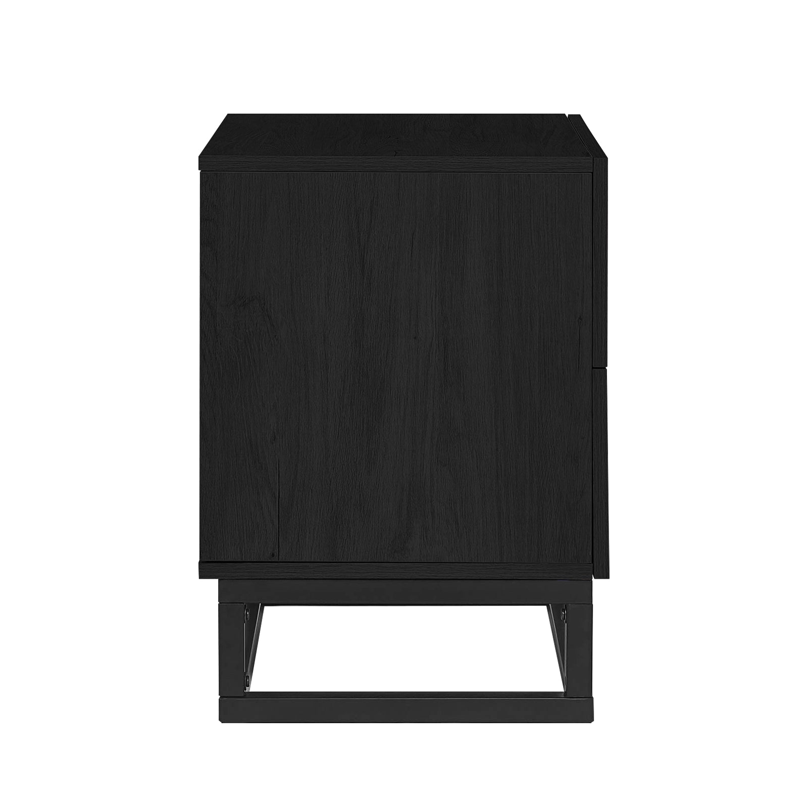 Manuel 2 Drawer Storage Bedside Table Black with sleek, modern all-black design, gold handles, and a sturdy metal base, offering ample storage with two spacious drawers.