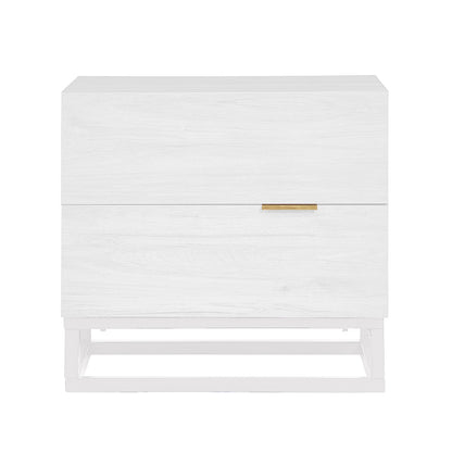 Manuel 2 Drawer Storage Bedside Table White features a sleek white wood-grain finish, minimalist design with two spacious drawers, and a subtle gold-tone pull, supported by an open metal base.