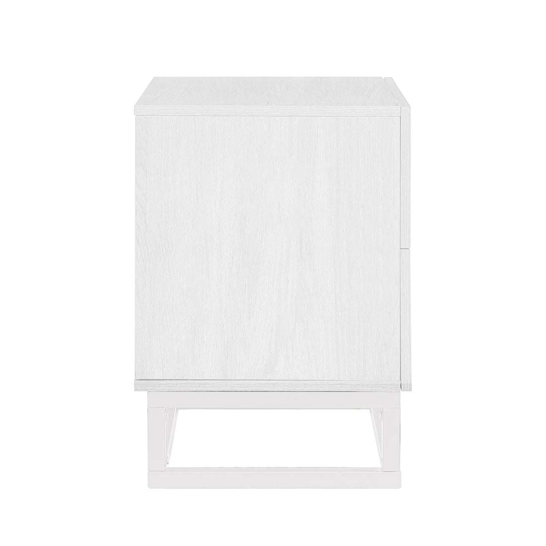 Manuel 2 Drawer Storage Bedside Table White, featuring a modern design with a clean white wood-grain finish, single front door, elevated on a matching white metal-frame base.