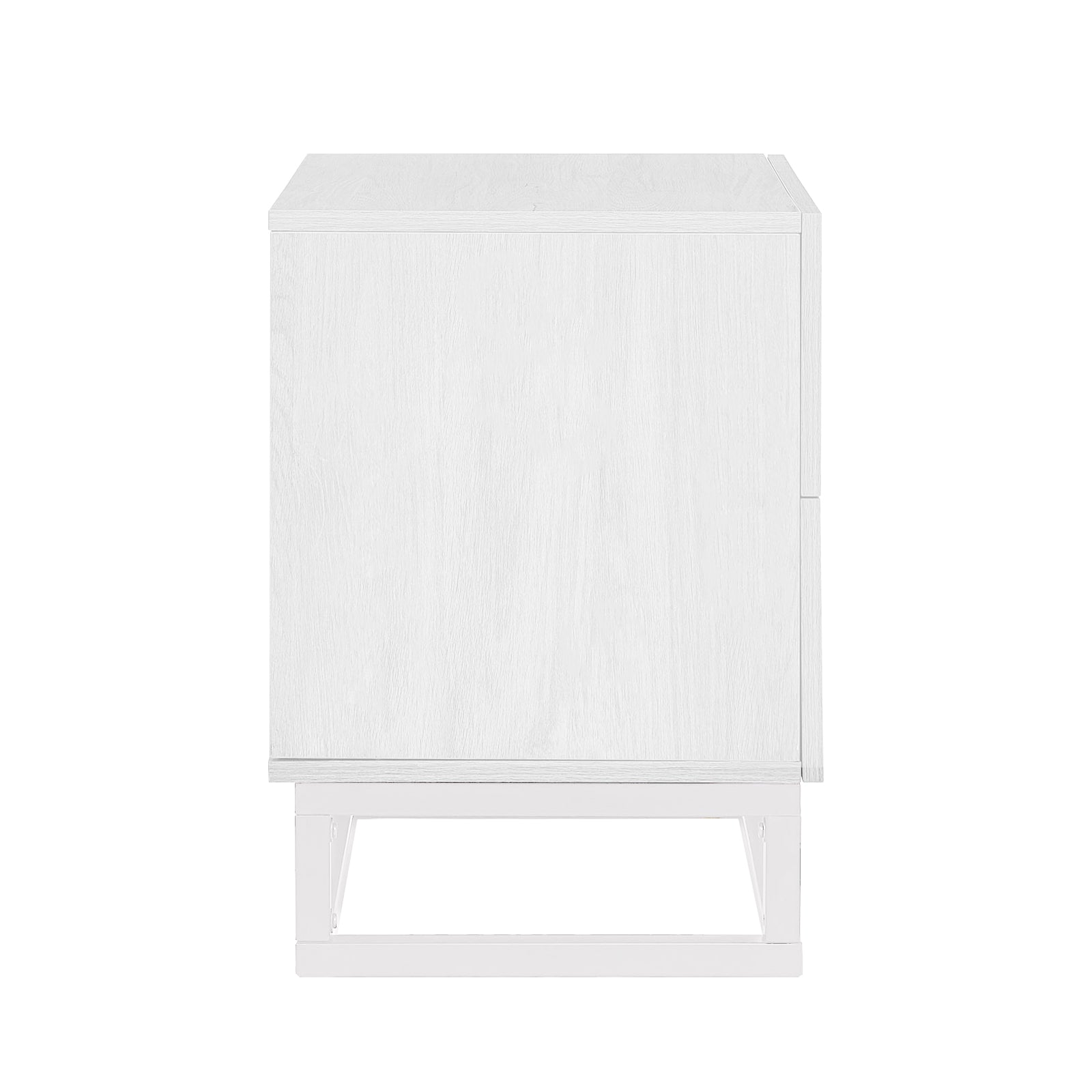 Manuel 2 Drawer Storage Bedside Table White, featuring a modern design with a clean white wood-grain finish, single front door, elevated on a matching white metal-frame base.