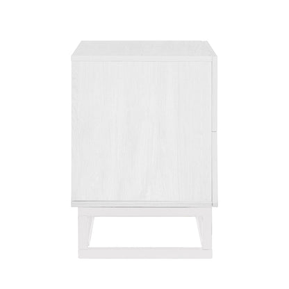 Manuel 2 Drawer Storage Bedside Table White, featuring a modern design with a clean white wood-grain finish, single front door, elevated on a matching white metal-frame base.