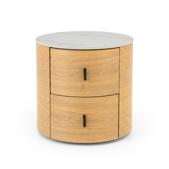 Round modern wooden nightstand with two drawers and marble top on white background
