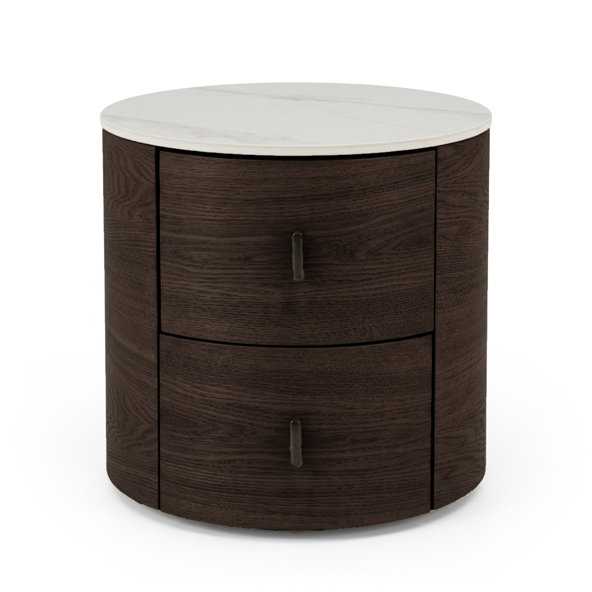 Round modern side table with dark wood base and white marble-like top on a white background.