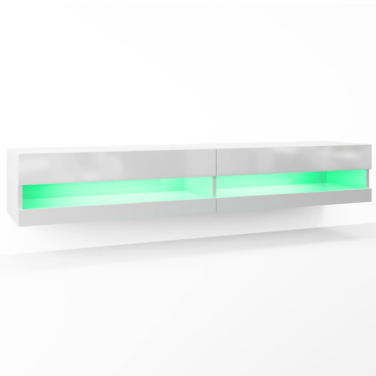 Marshall 180cm Floating LED TV Unit with Storage in White, featuring a sleek wall-mounted design with two compartments, soft green LED backlighting, and open shelves, offering modern elegance and functionality.