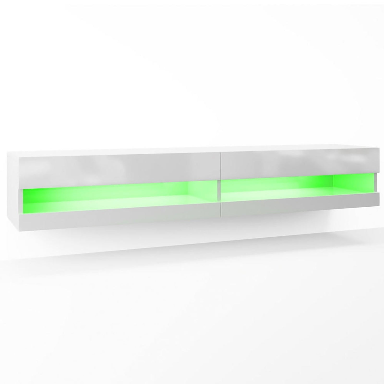 Marshall 180cm Floating LED TV Unit with Storage in White, featuring a sleek design with two compartments, open backlit shelf with green LED, perfect for modern home organization and style.