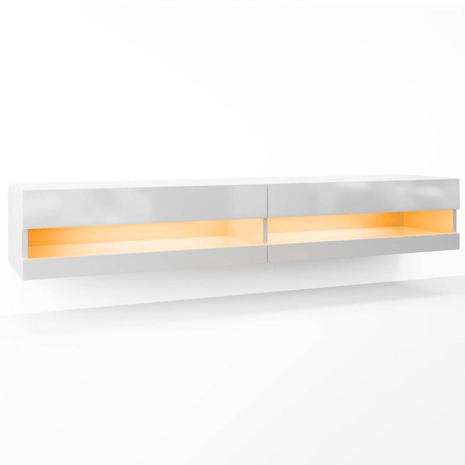 Marshall 180cm Floating LED TV Unit with Storage in White: A modern, wall-mounted shelf with glossy white panels and two open, back-lit compartments, perfect for contemporary living room setups.
