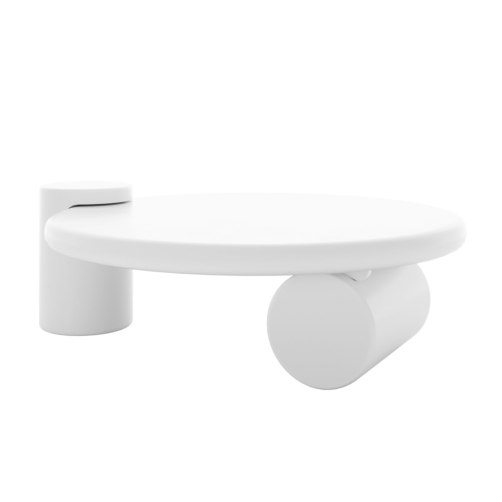 Close-up of the Nando 100cm Modern Abstract Coffee Table - White, showcasing its sleek round design with distinctive round legs and a minimalistic aesthetic, ideal for contemporary living spaces.