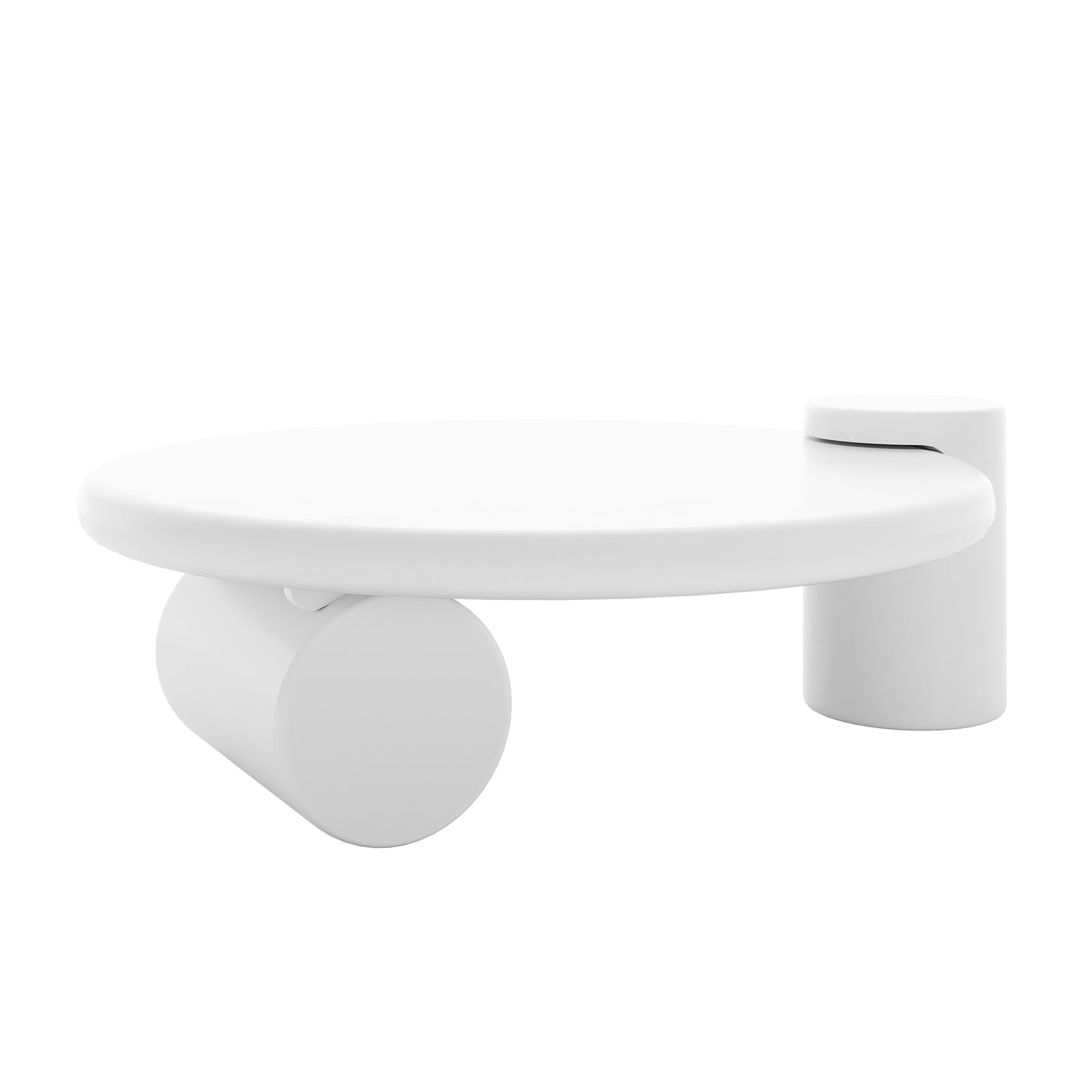 Nando 100cm Modern Round Coffee Table in White features a minimalist design with a circular top supported by one horizontal and one vertical cylindrical block, resembling a sleek, elevated platform.
