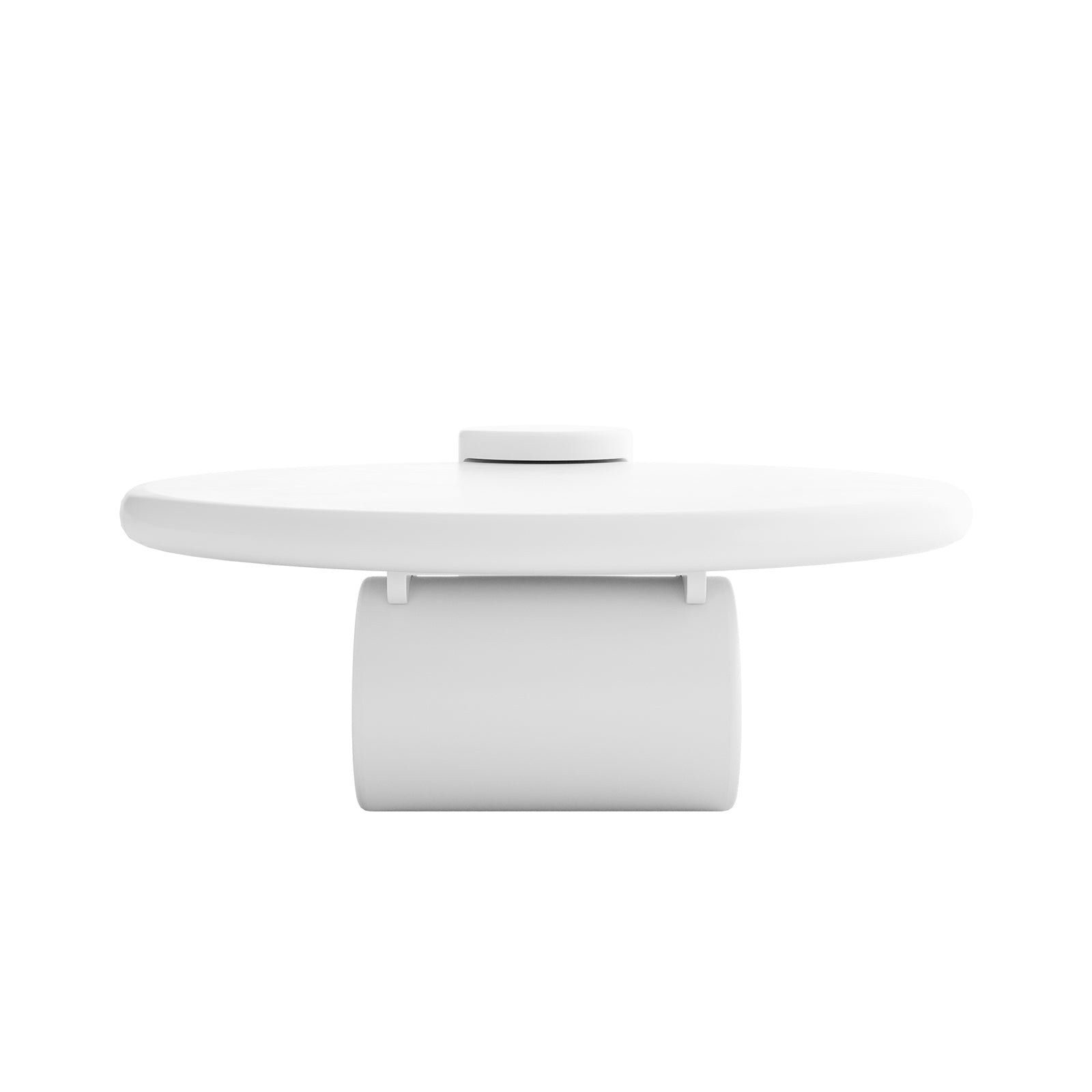 Nando 100cm Modern Round Coffee Table in White displayed on a rotating turntable, showcasing its sleek round top and minimalist cylindrical base, ideal for contemporary interiors.