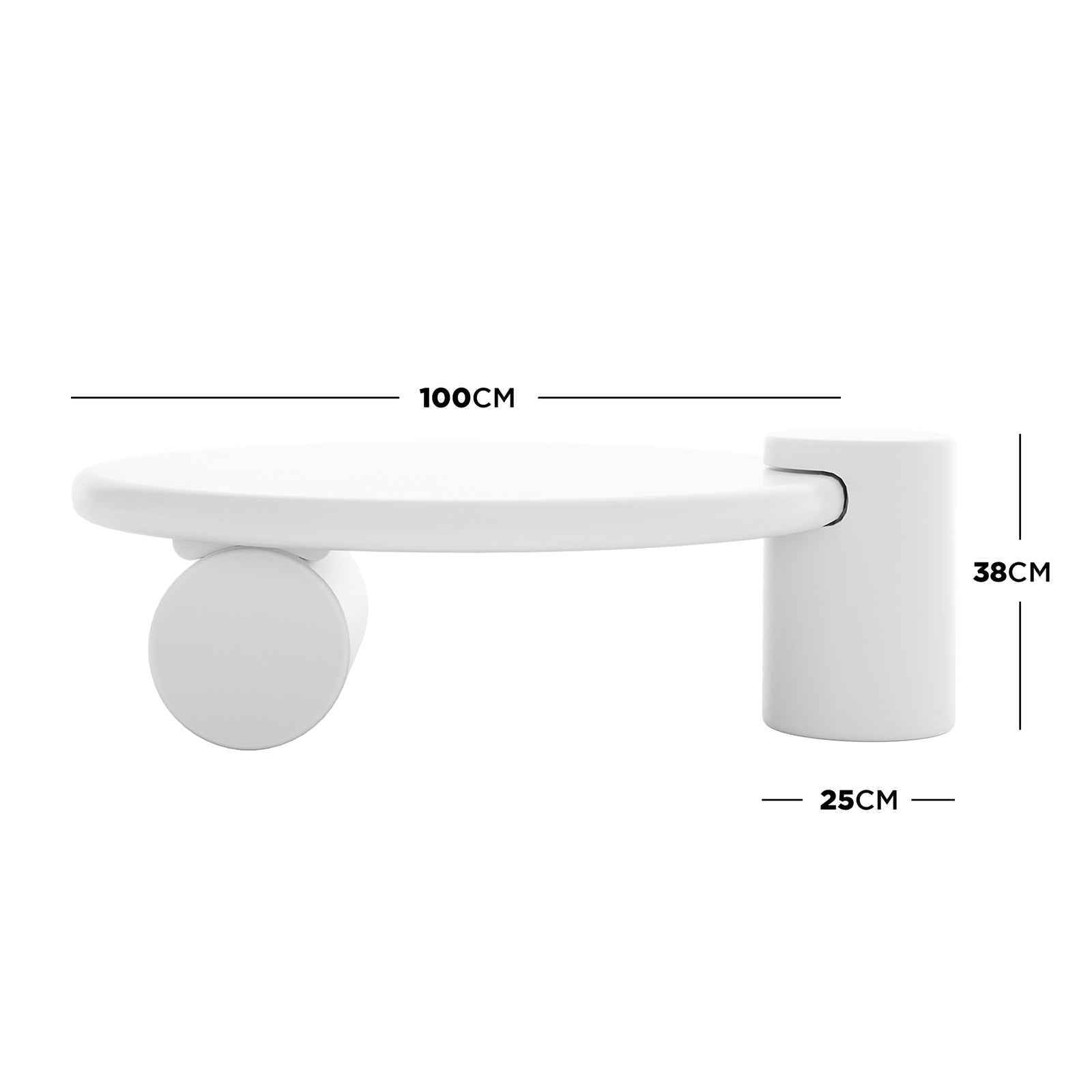 Close-up of the Luxo Marshall 180cm LED Floating Entertainment Unit, highlighting its sleek white design and black text detailing amidst a minimalistic setup on a white table with a curved edge.