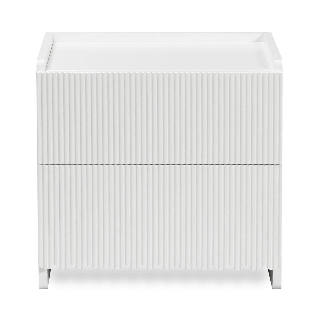 Nasrin 2 Drawer Bedside Table in White, featuring a matte finish, vertical ribbed drawer fronts, low-lip top surface, and short legs, offering modern elegance and functionality.