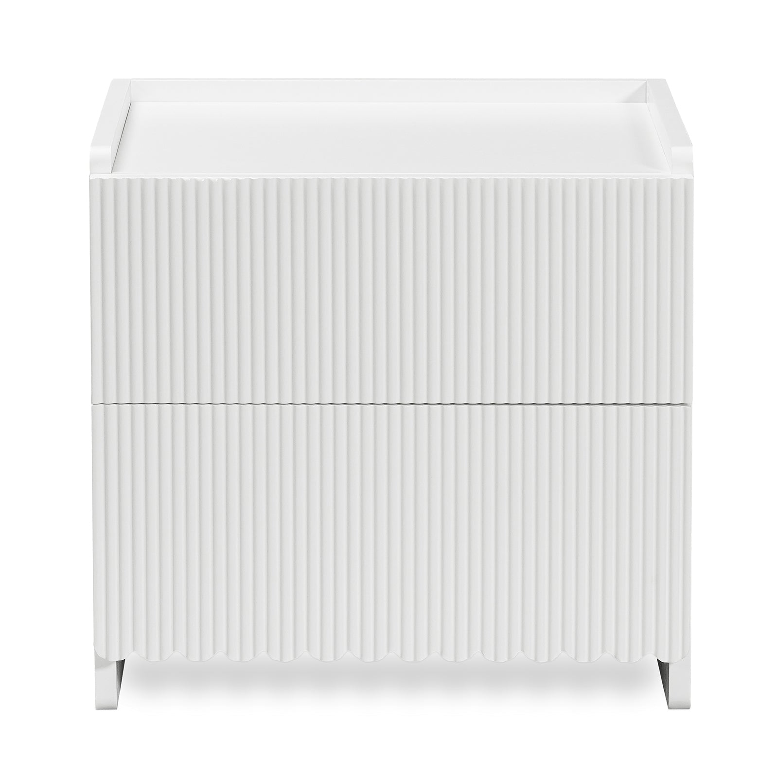 Nasrin 2 Drawer Bedside Table in White, featuring a matte finish, vertical ribbed drawer fronts, low-lip top surface, and short legs, offering modern elegance and functionality.