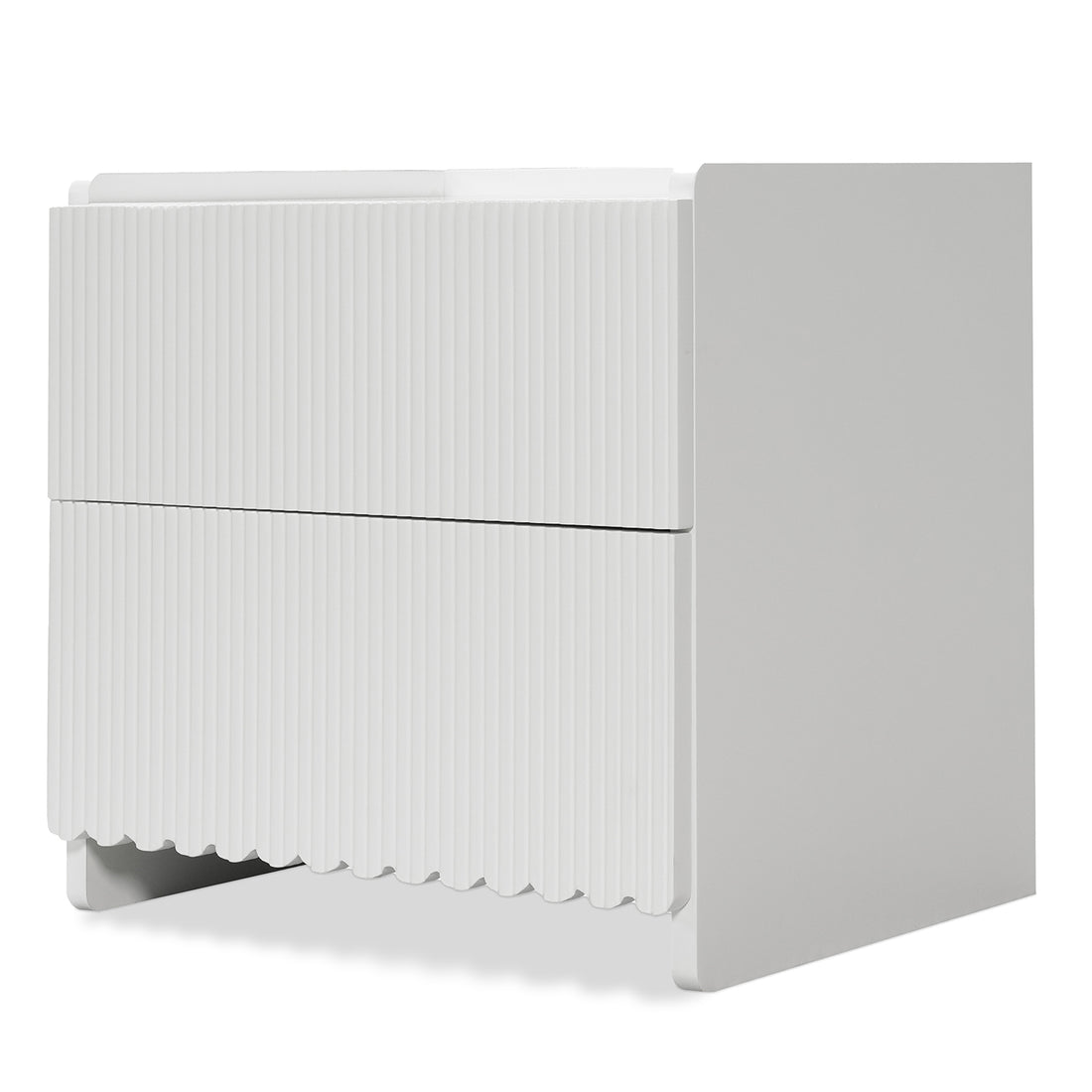 Nasrin 2 Drawer Bedside Table in White features a modern design with fluted drawer fronts and hidden legs, offering a minimalist look and practical storage for contemporary bedrooms.
