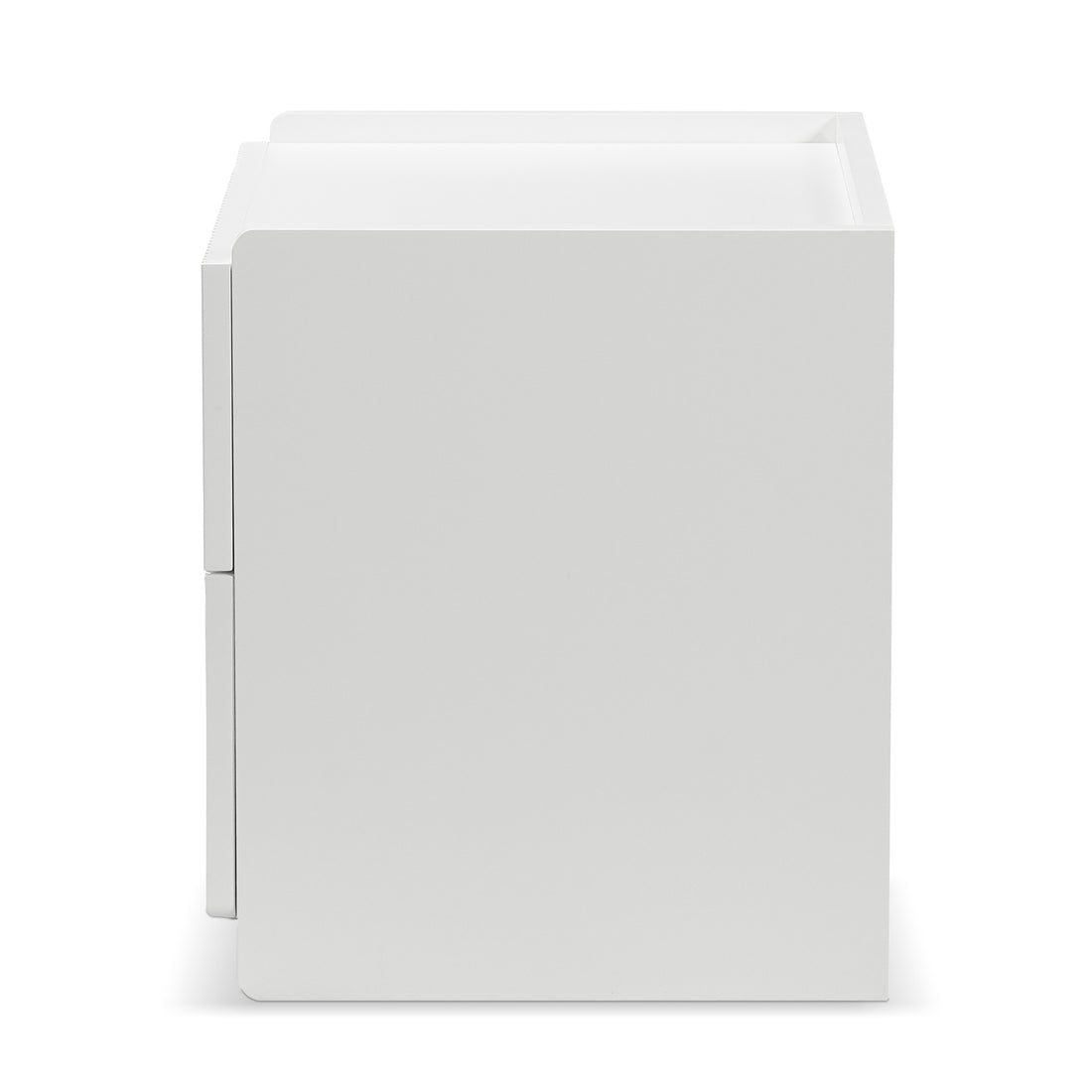Nasrin 2 Drawer Bedside Table in White, showcasing a sleek, cube-shaped design with smooth edges and two visible drawers, ideal for modern bedrooms.