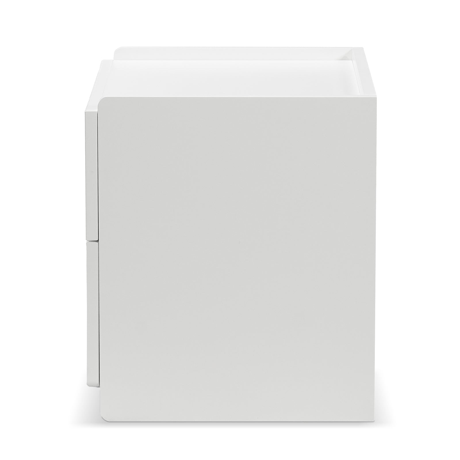Nasrin 2 Drawer Bedside Table in White, showcasing a sleek, cube-shaped design with smooth edges and two visible drawers, ideal for modern bedrooms.