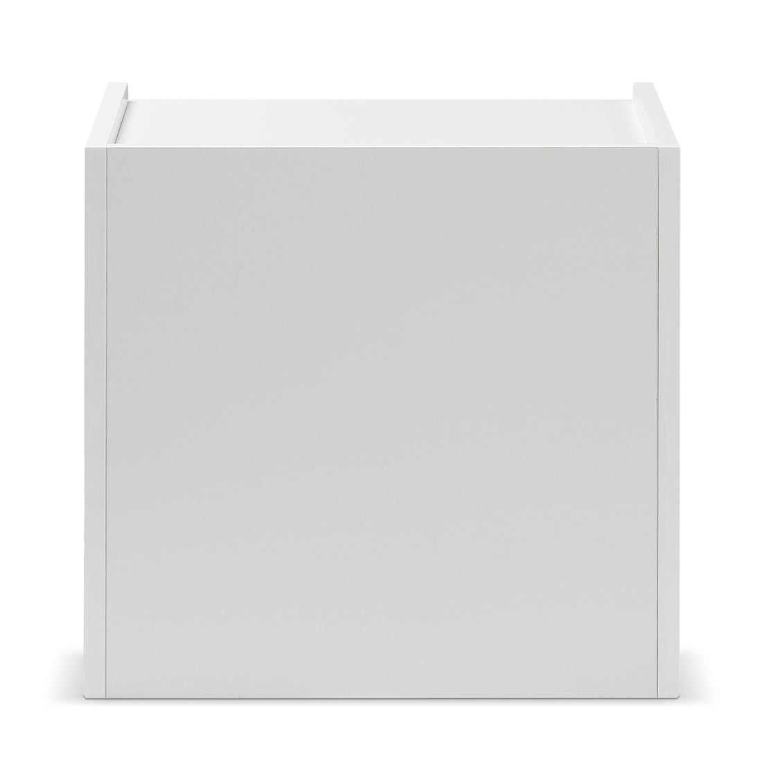 Nasrin 2 Drawer Bedside Table in White; a simple cube-shaped design with visible flat panels, showcasing clean lines and scallop-inspired edges for a modern, elegant bedroom addition.
