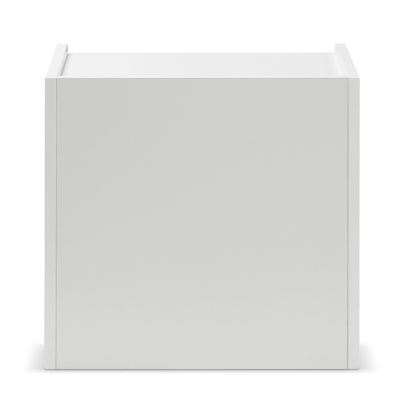 Nasrin 2 Drawer Bedside Table in White; a simple cube-shaped design with visible flat panels, showcasing clean lines and scallop-inspired edges for a modern, elegant bedroom addition.