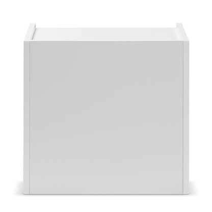 Nasrin 2 Drawer Bedside Table in White; a simple cube-shaped design with visible flat panels, showcasing clean lines and scallop-inspired edges for a modern, elegant bedroom addition.