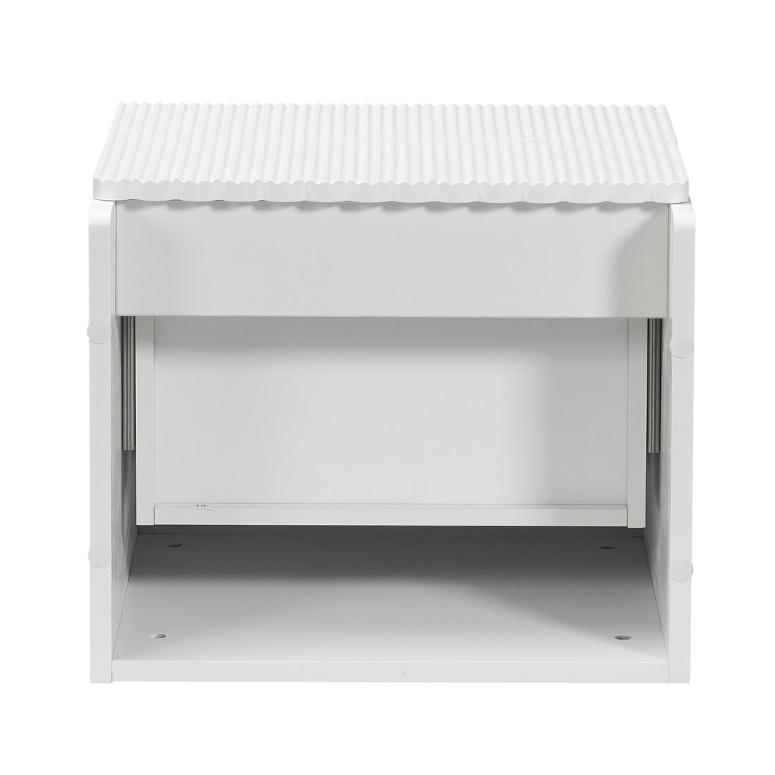 Nasrin 2 Drawer Bedside Table in White, showcasing a sleek design with a ribbed sliding cover, open front, and post-and-panel construction, ideal for desktop storage and modern decor.