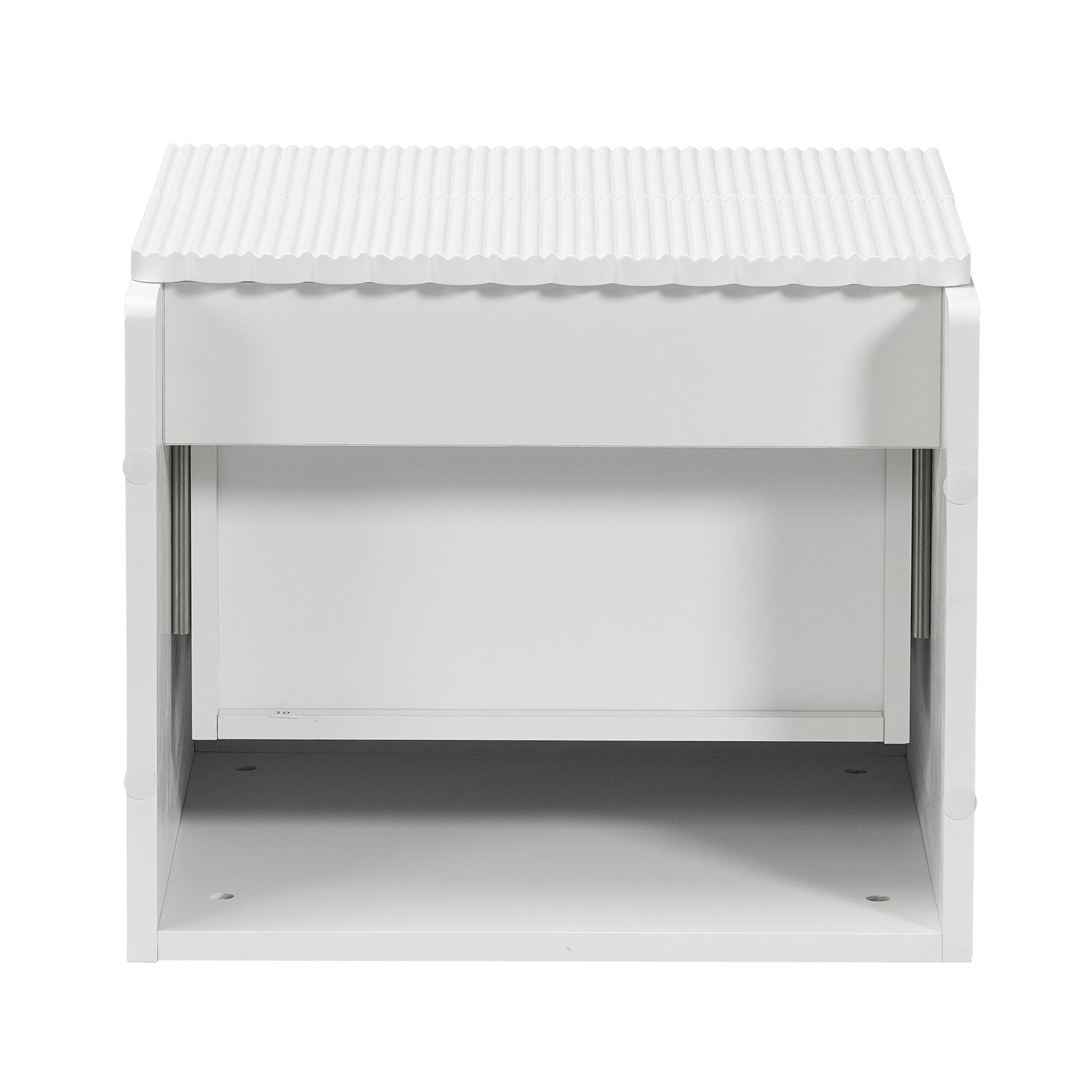 Nasrin 2 Drawer Bedside Table in White, showcasing a sleek design with a ribbed sliding cover, open front, and post-and-panel construction, ideal for desktop storage and modern decor.
