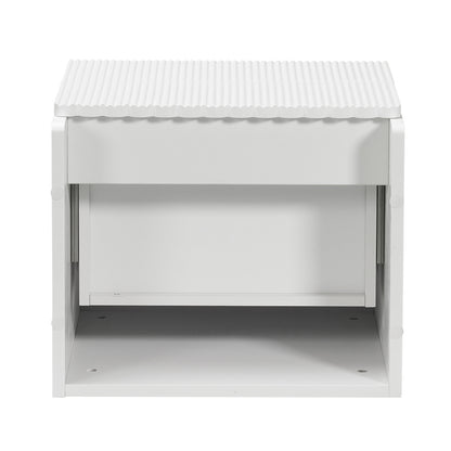 Nasrin 2 Drawer Bedside Table in White, showcasing a sleek design with a ribbed sliding cover, open front, and post-and-panel construction, ideal for desktop storage and modern decor.