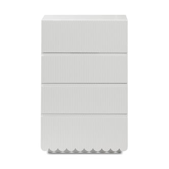 Nasrin 60cm Tallboy Dresser with Drawers in White features five drawers with vertical ridges and scalloped trim, combining elegance and functionality in a sleek design.