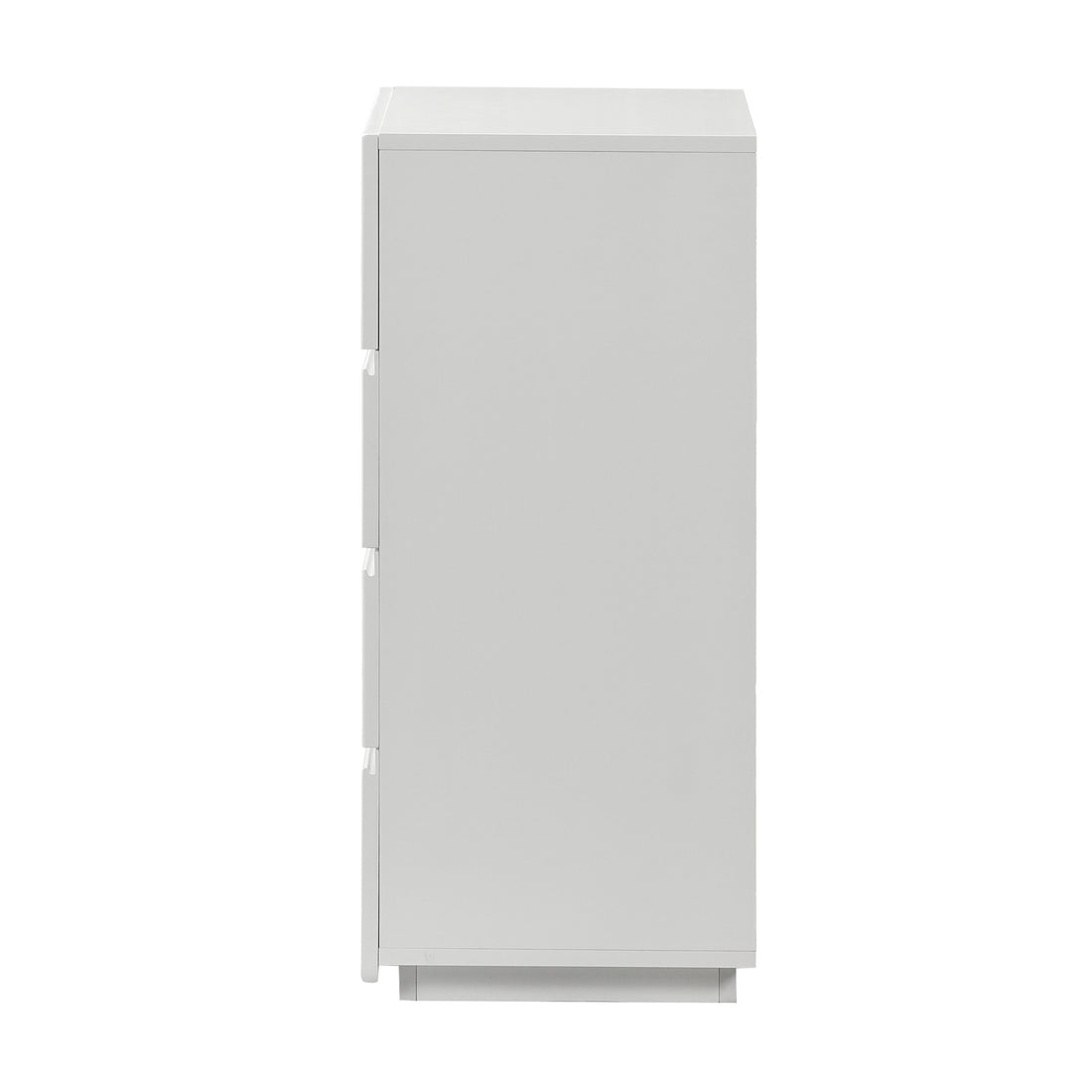 Nasrin 60cm Tallboy Dresser with Drawers in White, featuring a sleek, free-standing design with three visible pull-out compartments on the side, showcasing scallop-inspired edges and smooth metal drawer pulls.