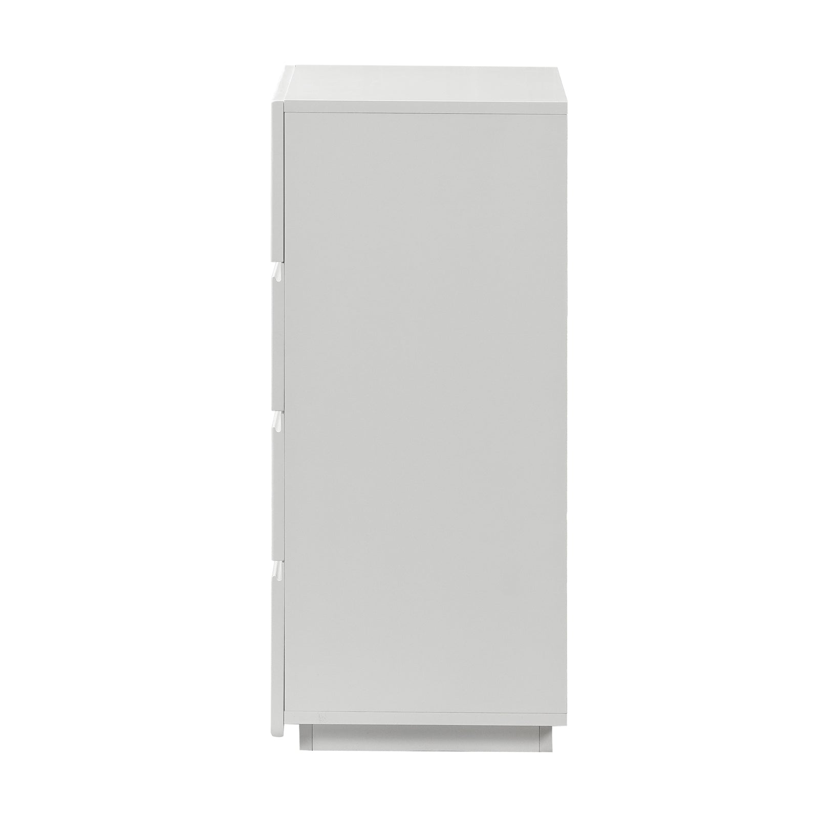 Nasrin 60cm Tallboy Dresser with Drawers in White, featuring a sleek, free-standing design with three visible pull-out compartments on the side, showcasing scallop-inspired edges and smooth metal drawer pulls.