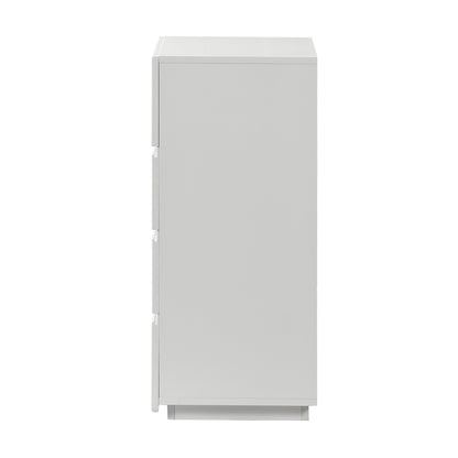 Nasrin 60cm Tallboy Dresser with Drawers in White, featuring a sleek, free-standing design with three visible pull-out compartments on the side, showcasing scallop-inspired edges and smooth metal drawer pulls.