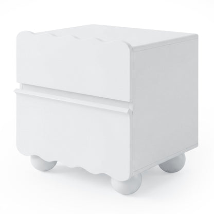 White modern nightstand with wavy drawer fronts on white background