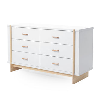 Modern six-drawer dresser with white finish and light wood accents on a white background