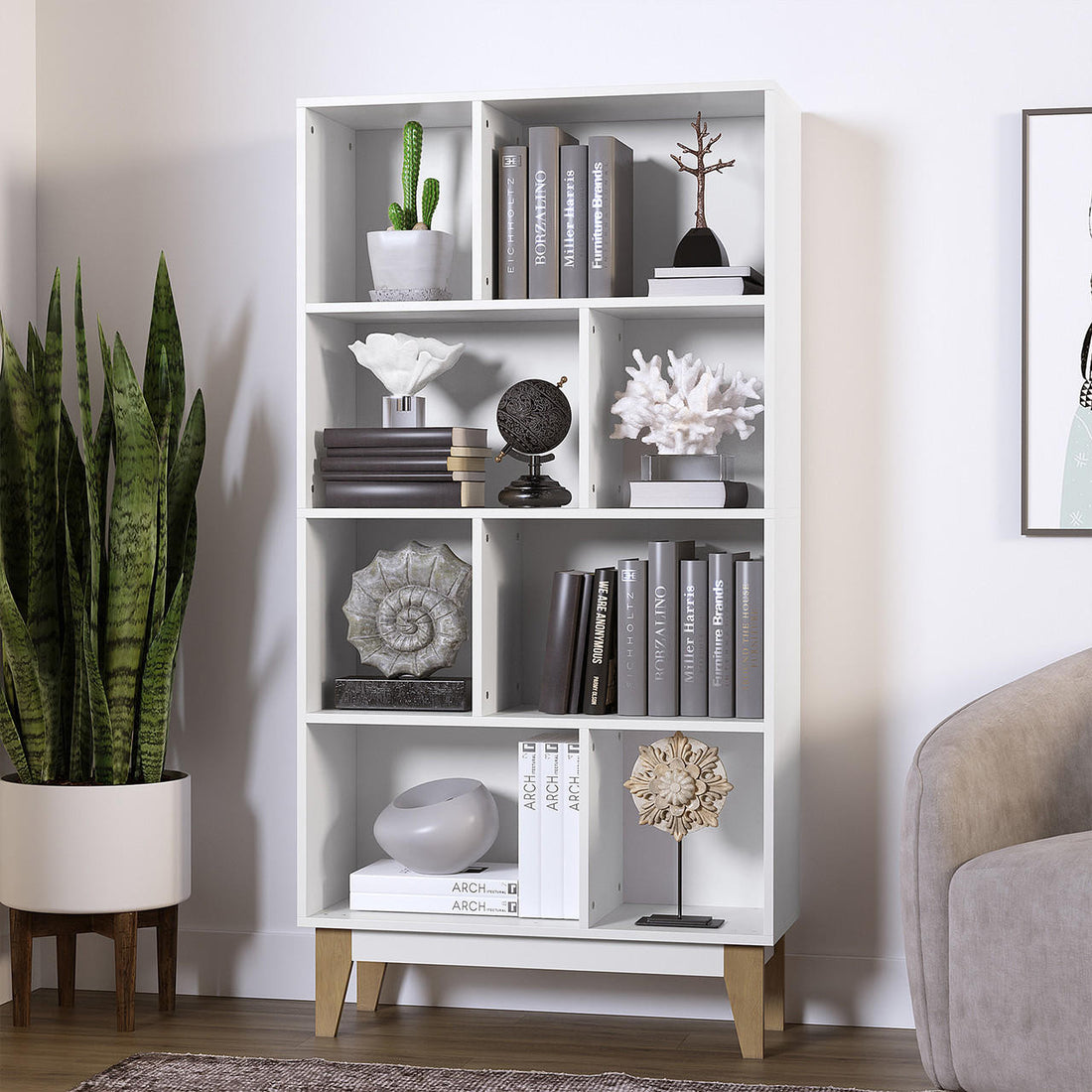 Owen 4-Tier Storage Display Bookcase w/ Wooden Legs - White - Lifestyle