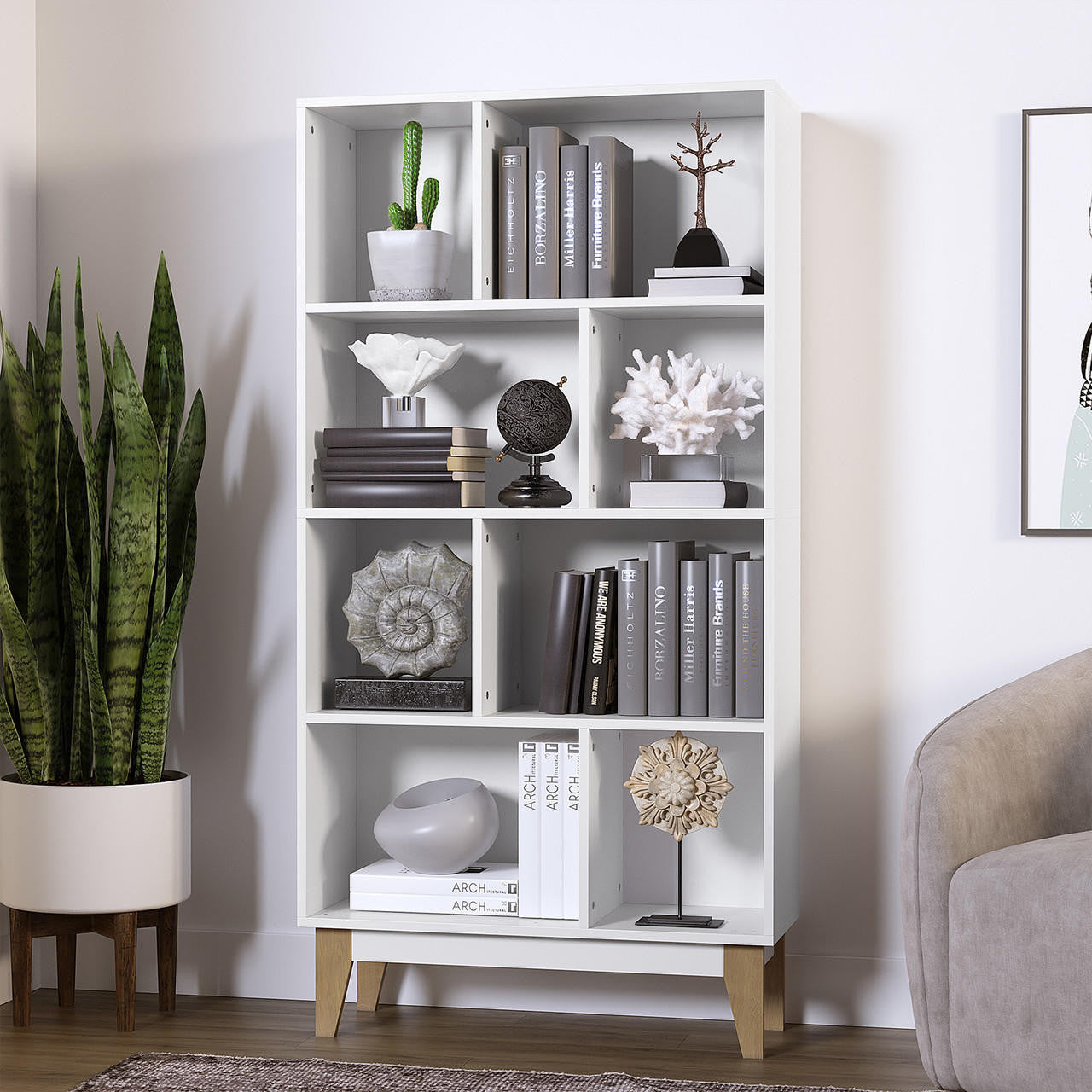 Owen 4-Tier Storage Display Bookcase w/ Wooden Legs - White - Lifestyle