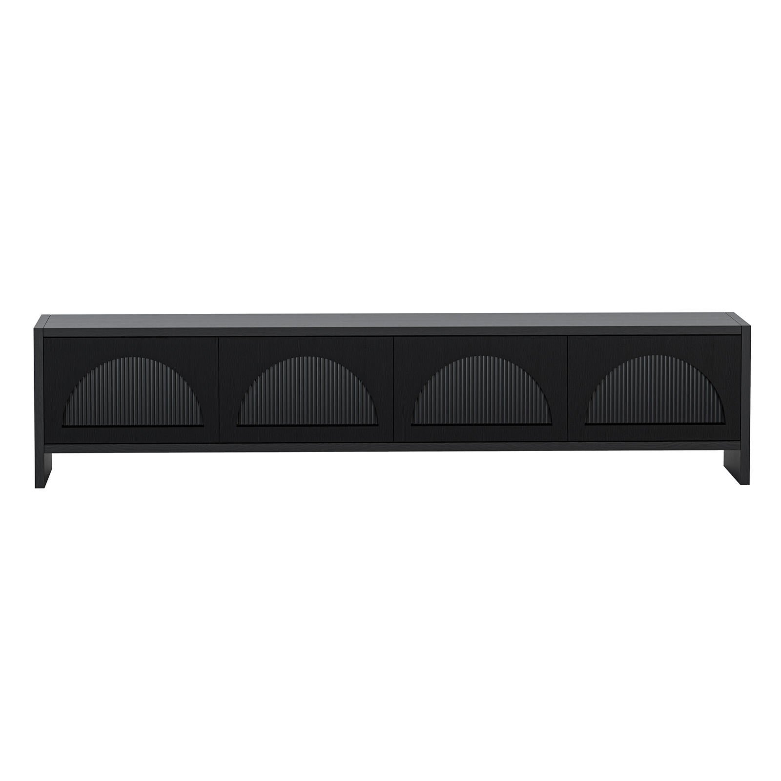 Philippe 200cm Arch Door TV Entertainment Unit in Black features a sleek design with four vertically fluted, half-circle paneled doors, resting on short legs, ideal for modern media storage.