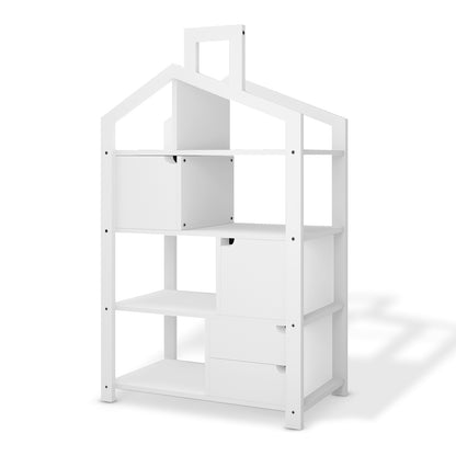 Quinta Shelf Unit with Storage White, featuring a house-shaped outline with multiple open cubby shelves and integrated drawers, ideal for organizing toys or displaying decor in a minimalist, modern style.
